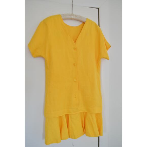 Vintage Yellow Linen 80s Back Button Dress - Picture 6 of 6